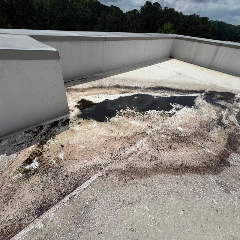 Flat roof drainage area with standing water and debris