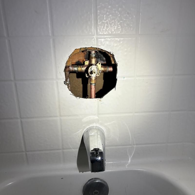 Shower valve replacement with exposed plumbing behind wall