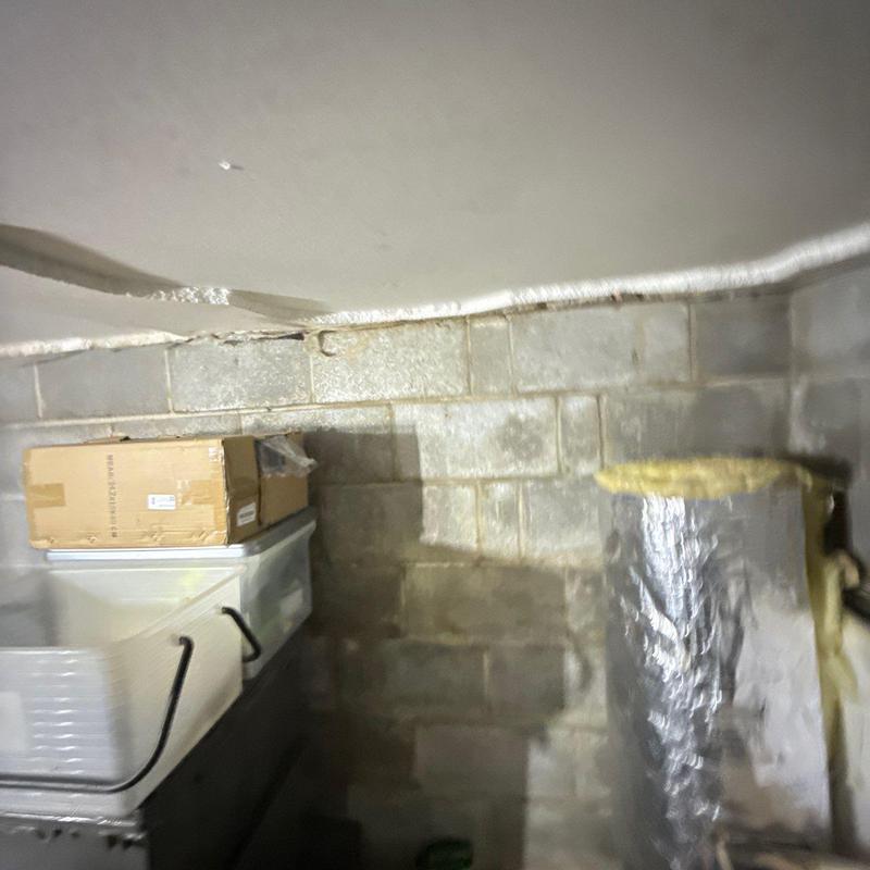 Basement foundation wall with moisture stains and damage