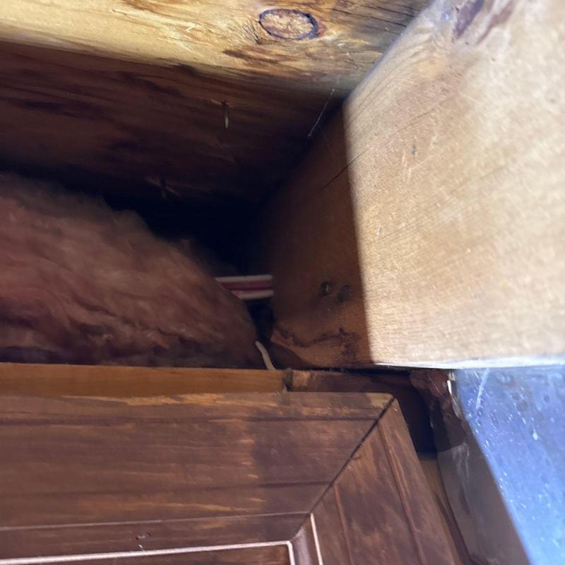 Roof framing with insulation and wiring detail close-up