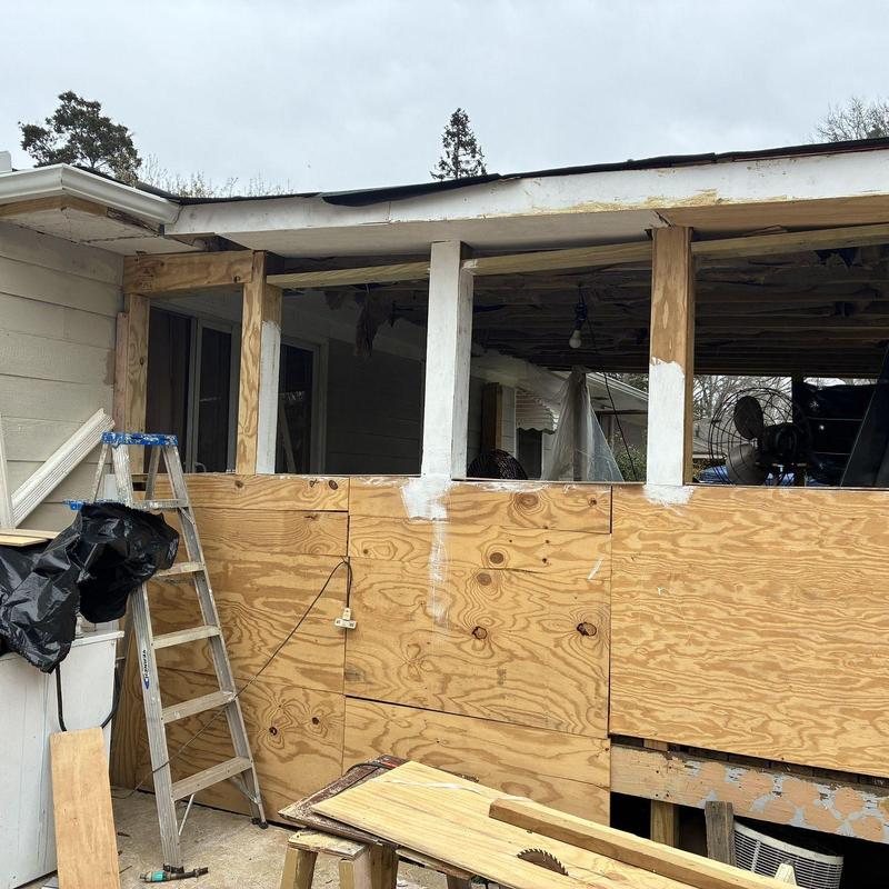 Porch plywood panel installation with wood framing support