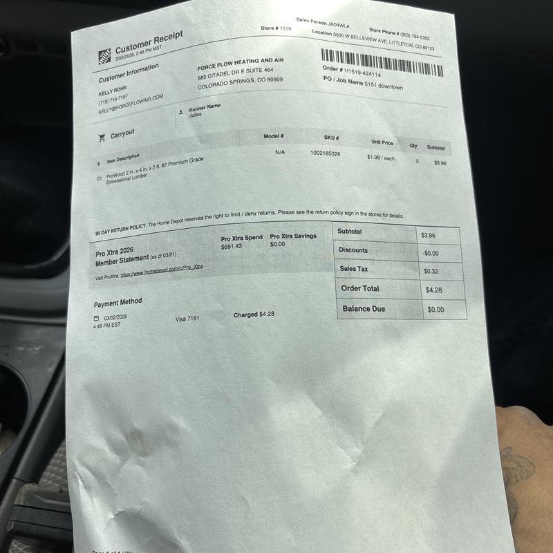 Premium grade dimensional lumber purchase receipt