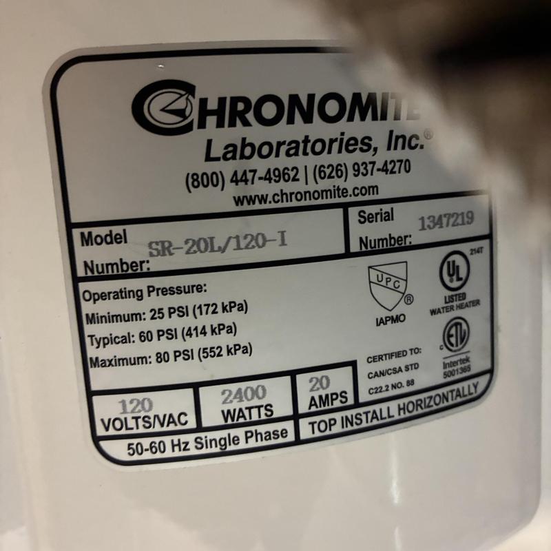 Electric water heater label with model and specs