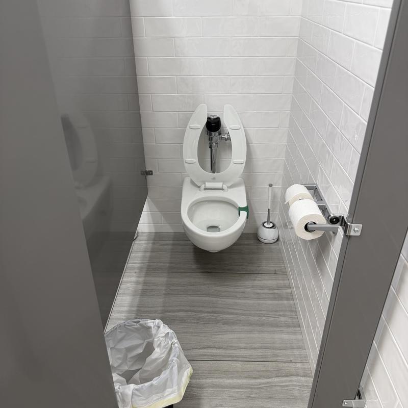 Commercial toilet stall with open toilet seat and paper roll