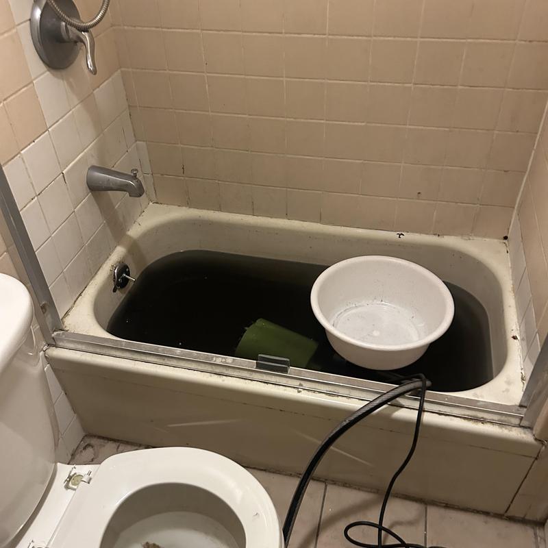 Bathtub with clogged drain and standing water
