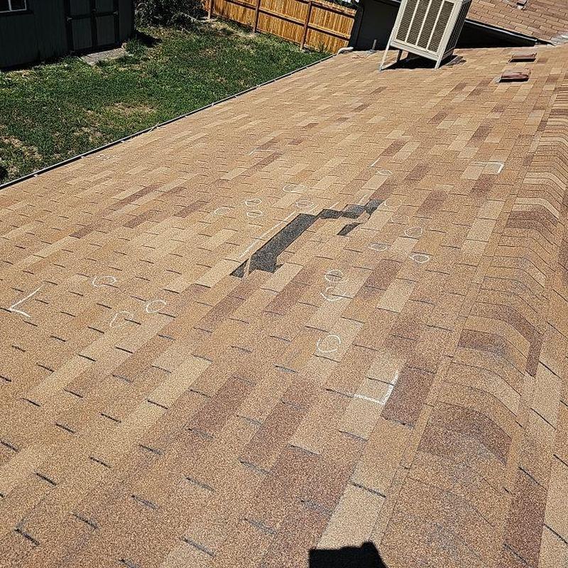 Shingle roof with wind damage and displaced shingles Shingle roof with wind damage and displaced shingles