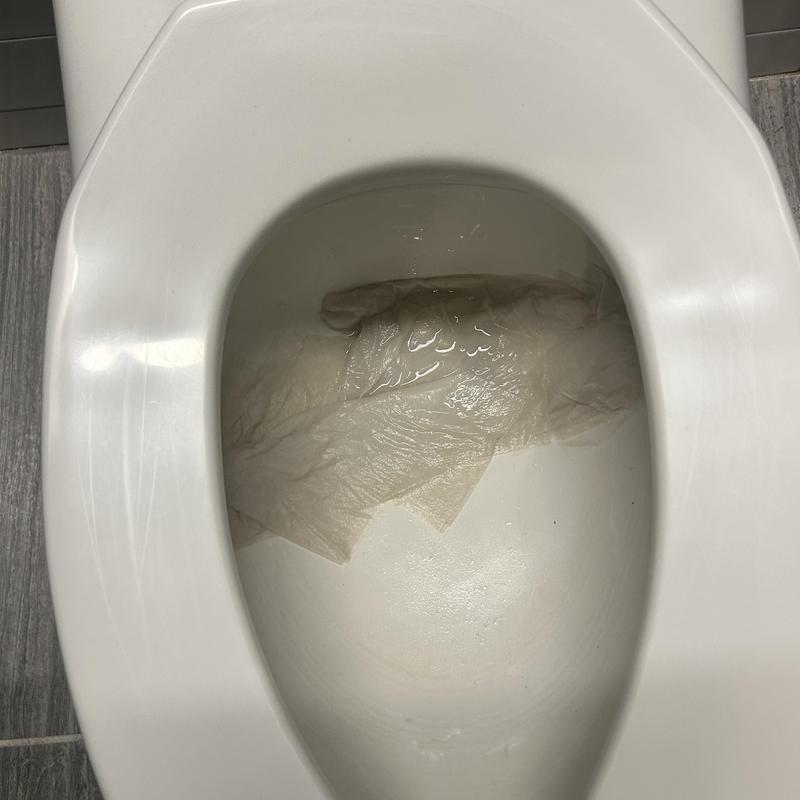 Commercial toilet bowl with backed-up paper waste