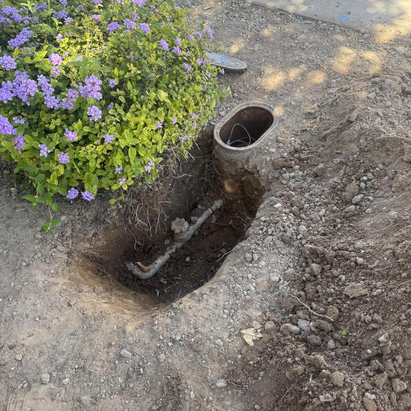 Water line and valve excavation next to flowers