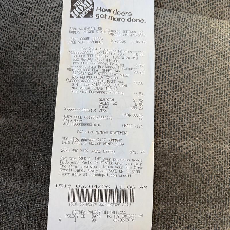 Water-base sealant and metal sheet purchase receipt