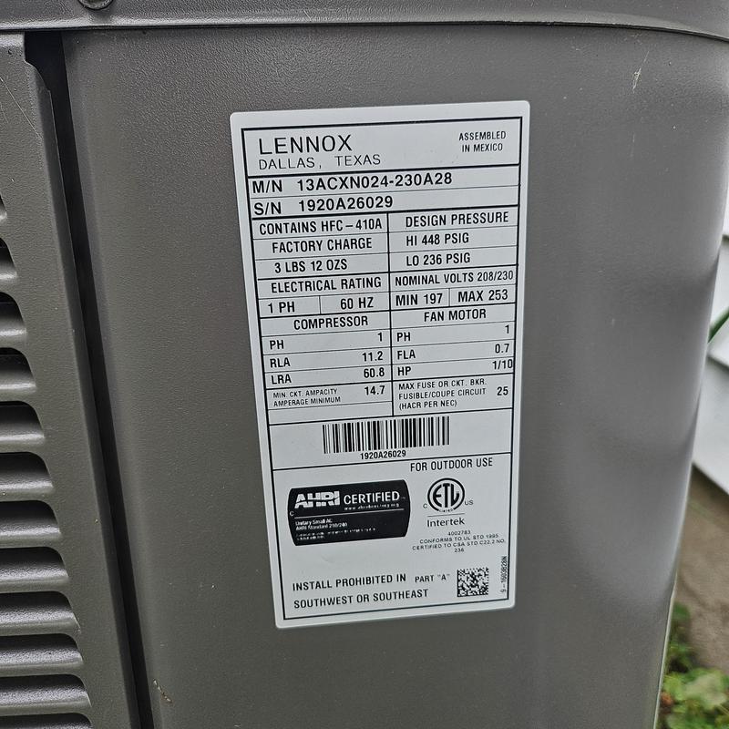 Lennox air conditioner compressor label information