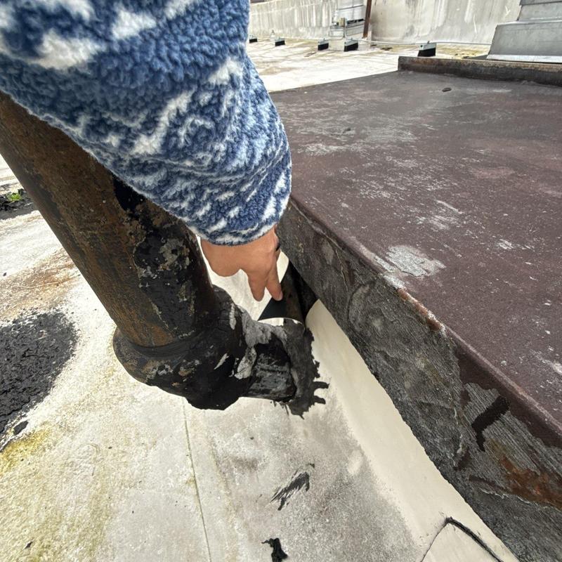 Roof flashing inspection showing damaged seal and rusted pipe