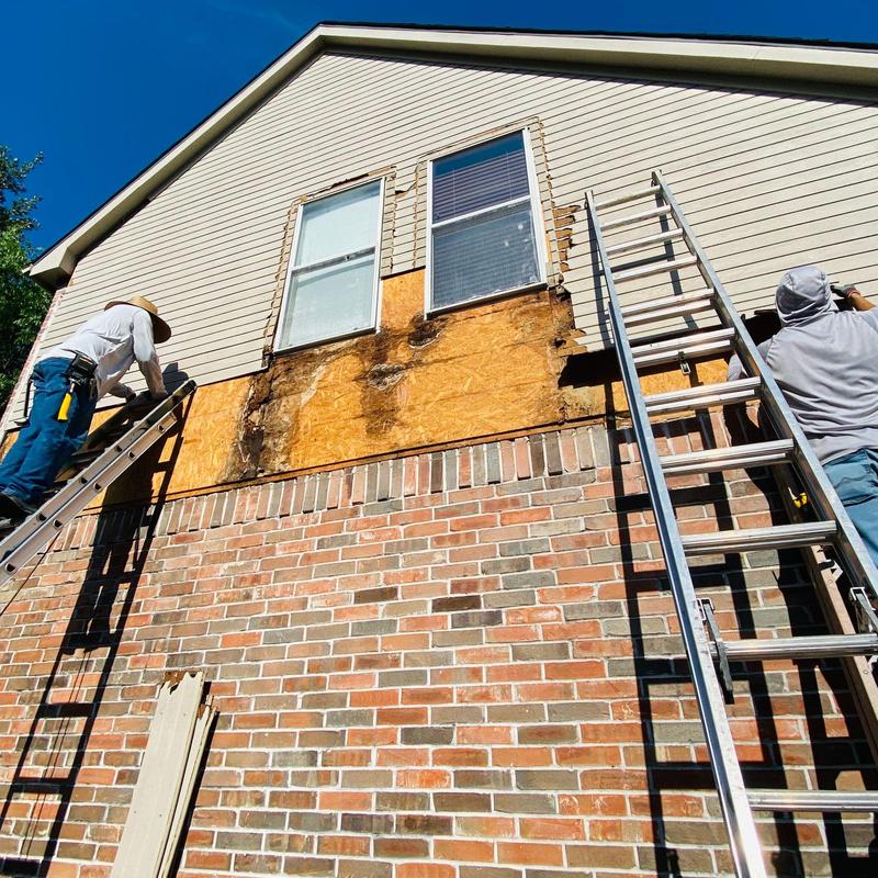 Sheathing water damage behind siding with workers on ladders