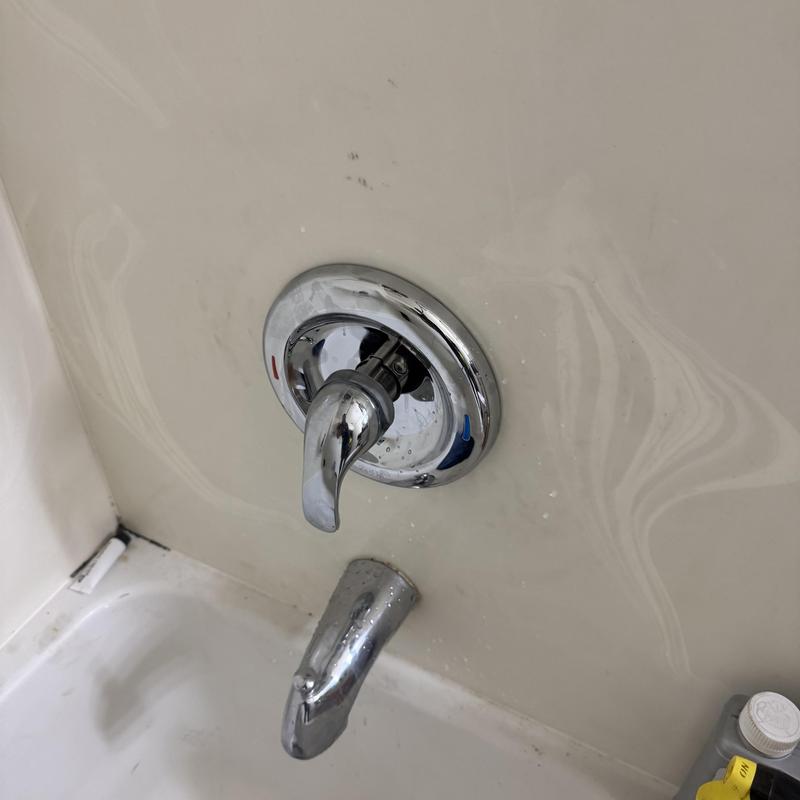 Moen shower valve handle and tub spout in bathroom
