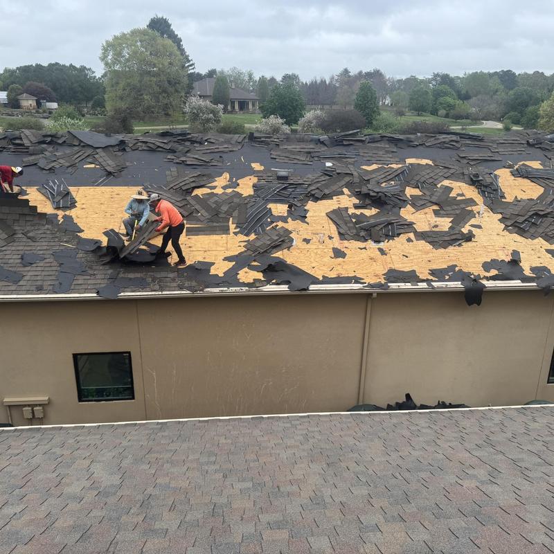 Commercial roof plywood decking removal with workers Commercial roof plywood decking removal with workers