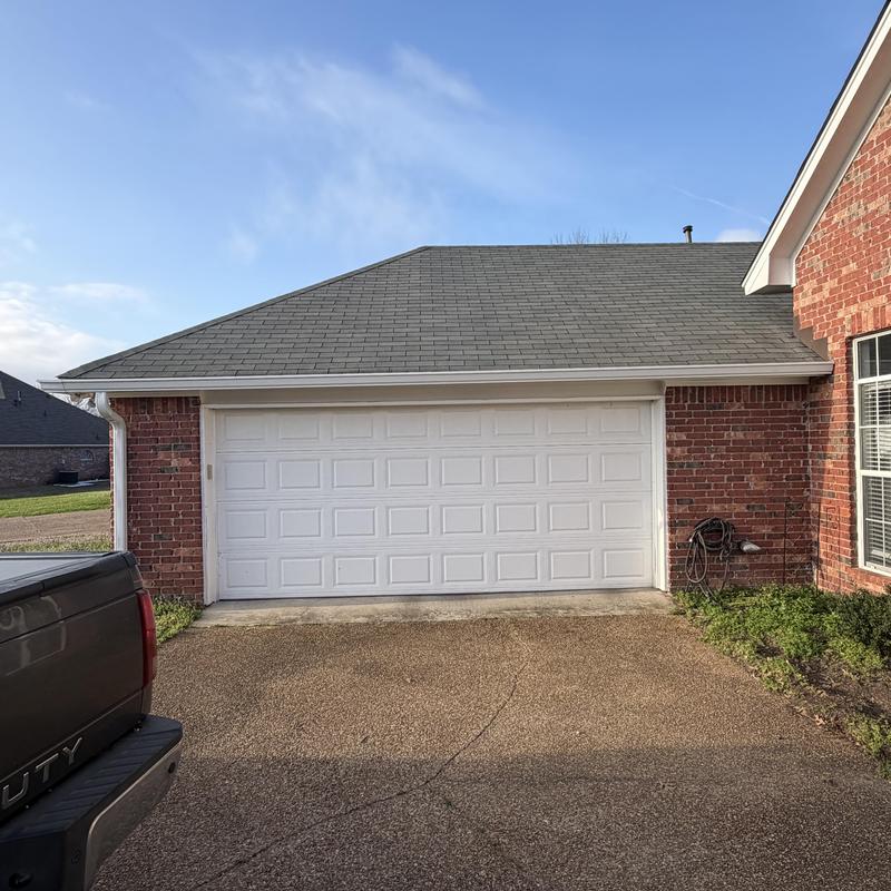 Garage door and concrete driveway in residential setting