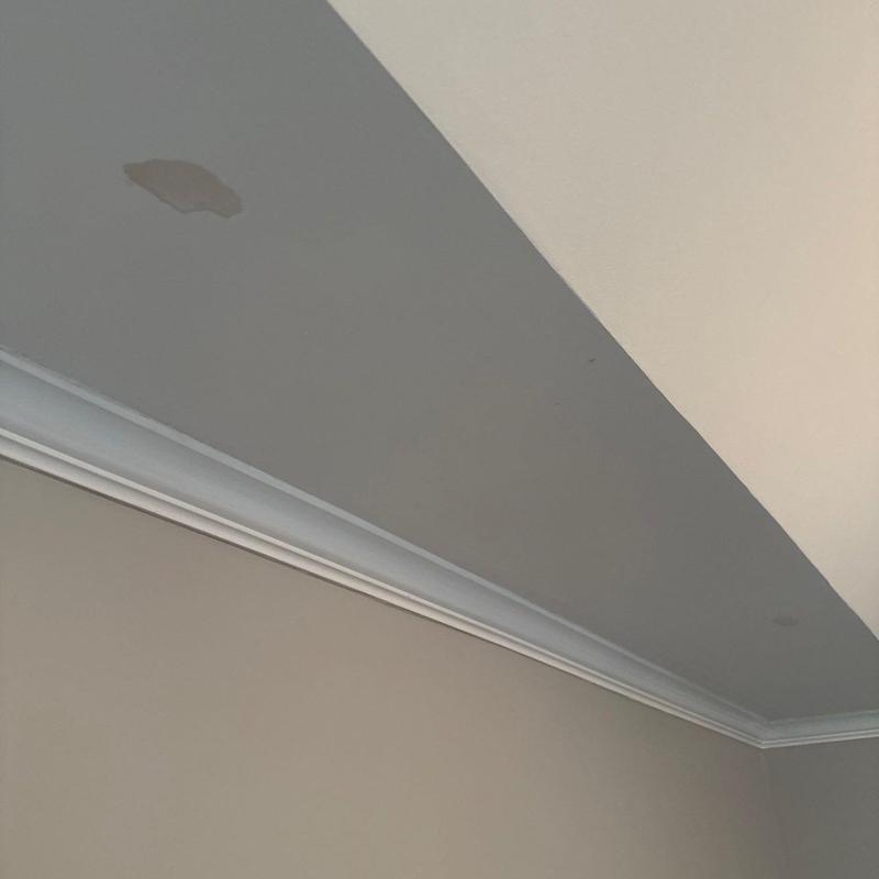 Ceiling drywall with water damage and paint peeling