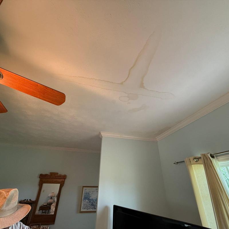 Ceiling water damage stains from roof leak