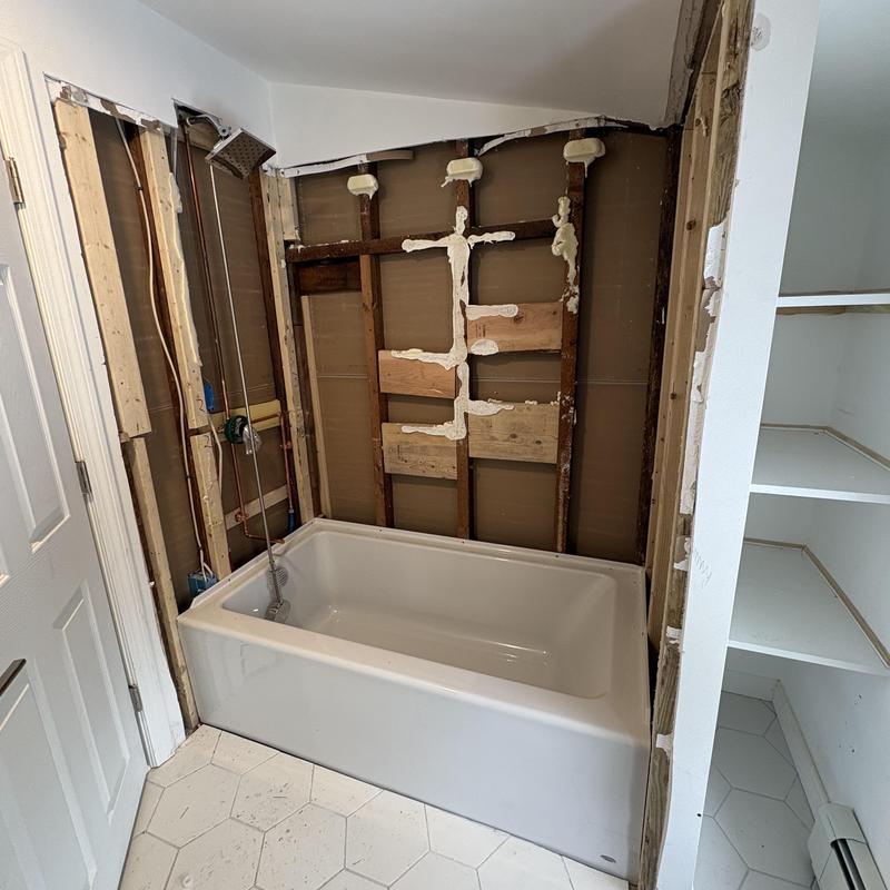 Tub shower unit replacement with valve and drain upgrade