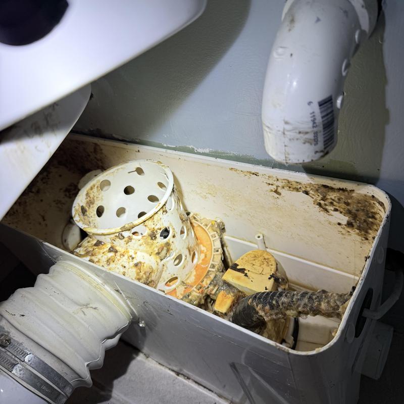 Sani-flow pump clogged with debris inside basin Sani-flow pump clogged with debris inside basin