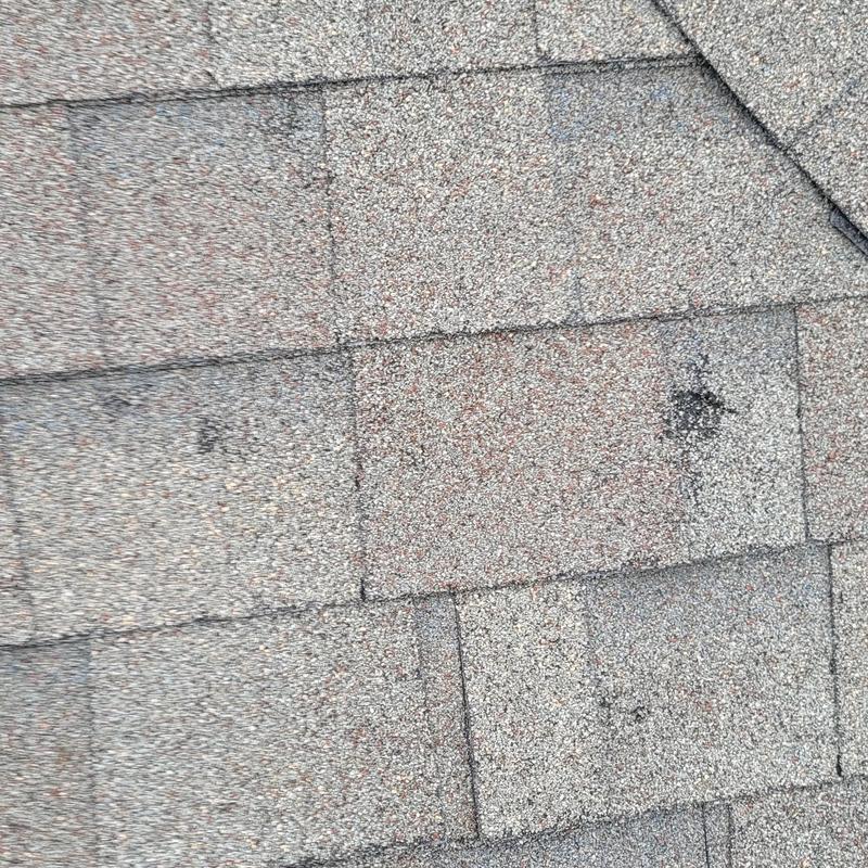 Asphalt shingles with hail damage spots on roof surface
