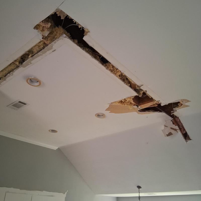 Kitchen ceiling drywall demolition exposing insulation and wiring