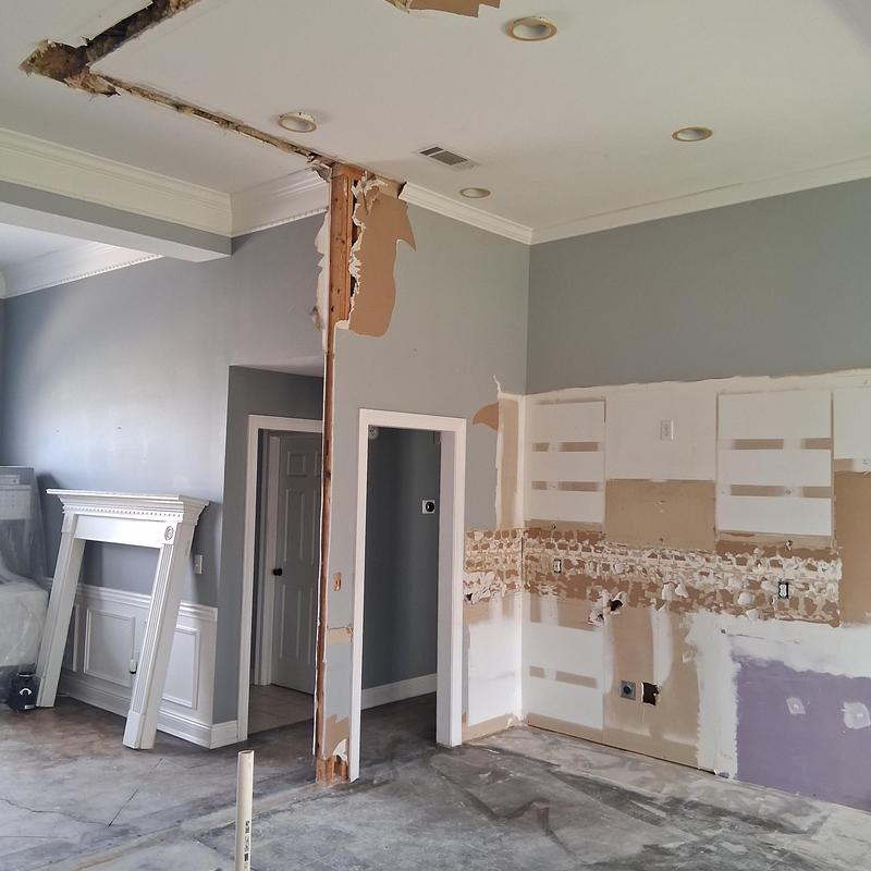Kitchen electrical wiring and drywall demolition in remodel