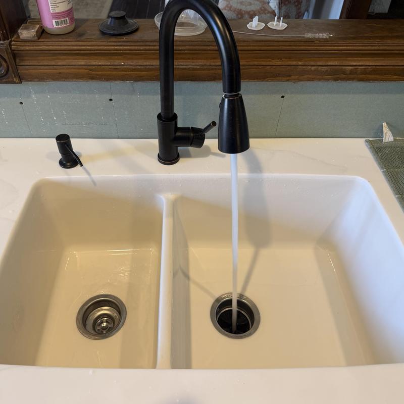 Delta kitchen faucet with water running in double sink