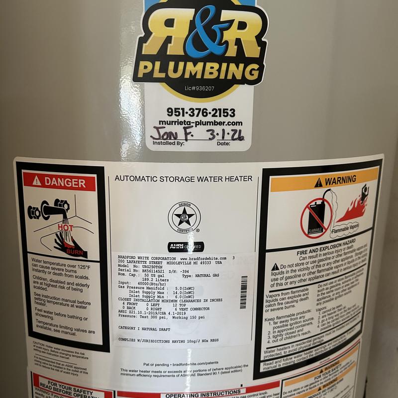 Bradford White natural gas water heater label and warnings