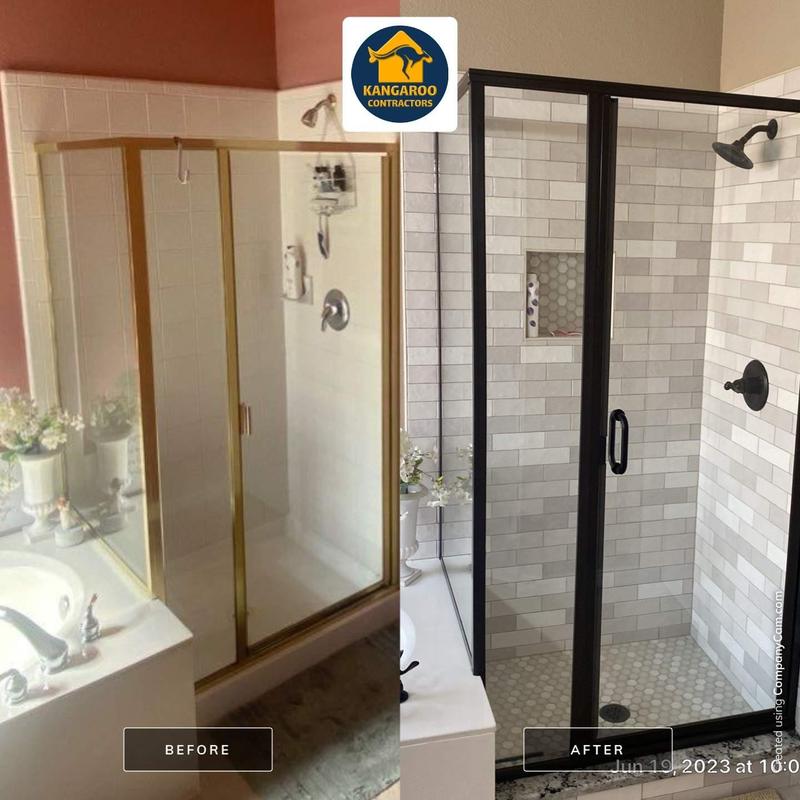 Master bathroom shower upgrade with tile walls and black frame Master bathroom shower upgrade with tile walls and black frame