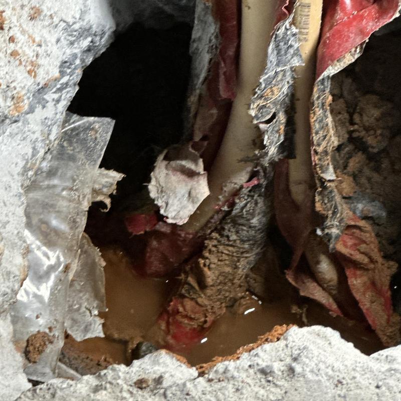 Slab leak with exposed damaged pipes and water pooling