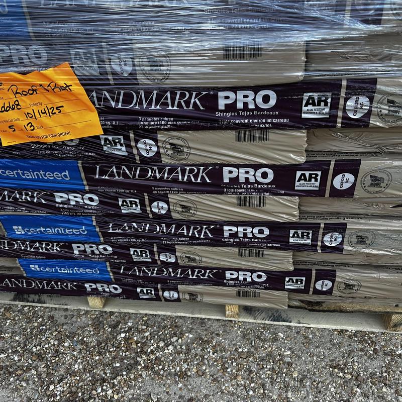 CertainTeed Landmark Pro shingles stacked on pallet CertainTeed Landmark Pro shingles stacked on pallet