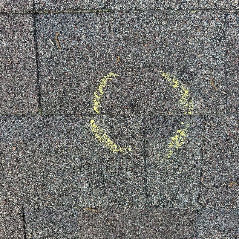 Asphalt roof shingles with hail damage marked in yellow
