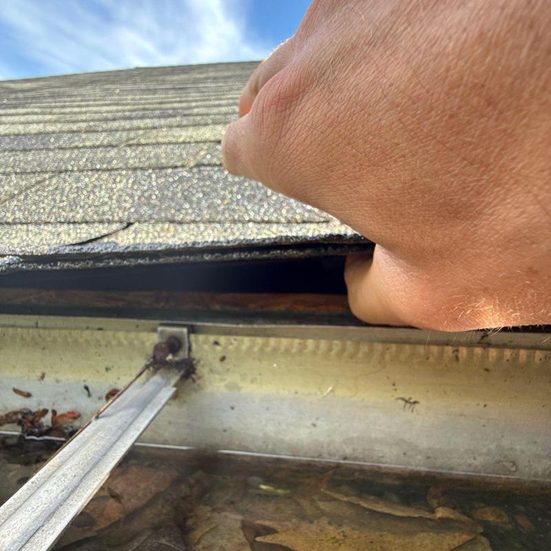 Asphalt shingles lifted for roof inspection near gutter