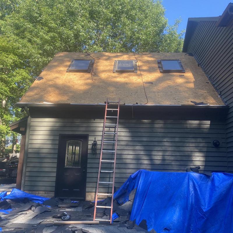 Roof decking with skylights and ladder on house exterior Roof decking with skylights and ladder on house exterior