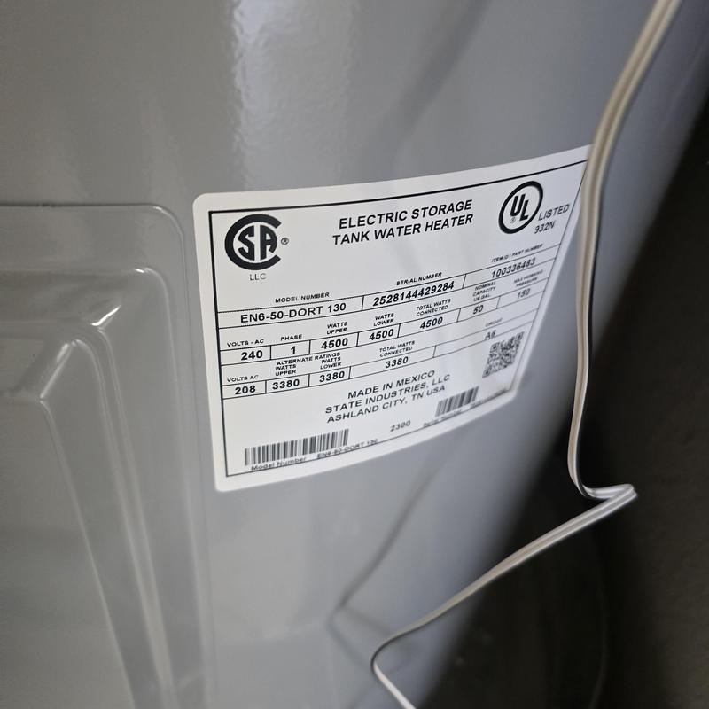 Electric storage tank water heater label close-up