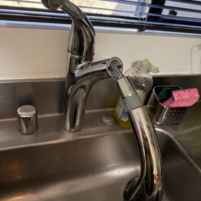 Kitchen faucet sprayer head removed for cleaning