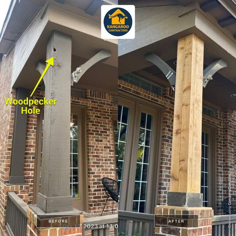 Wooden porch post with woodpecker damage before and after replacement