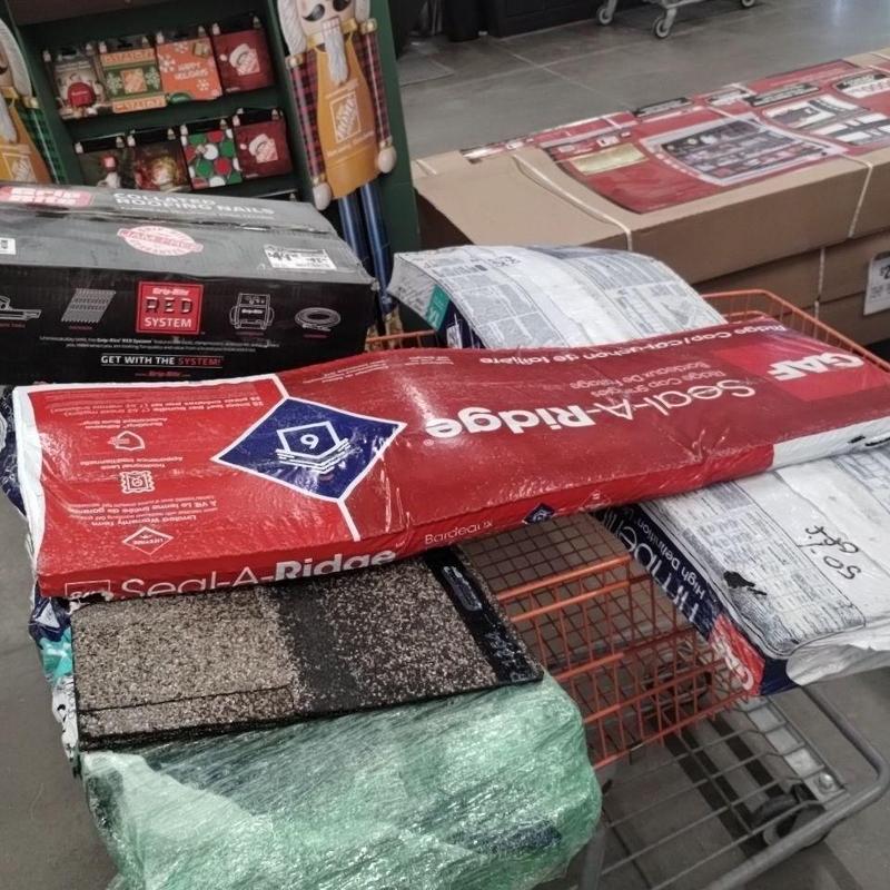 Roof shingles and ridge cap materials in shopping cart