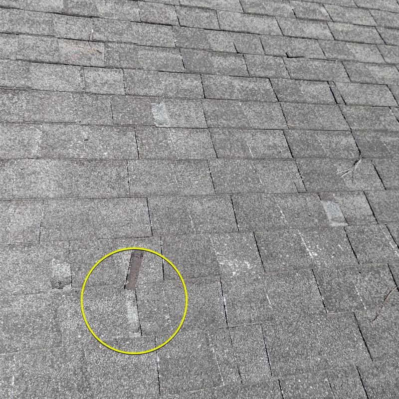Asphalt roof shingles with wind damage circled in yellow