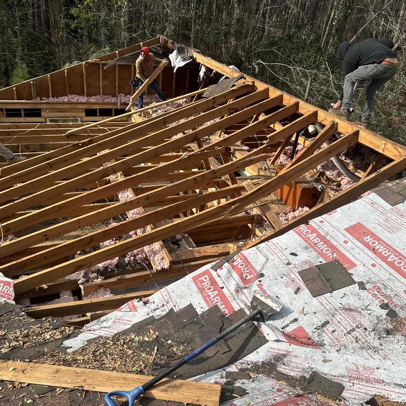 Roof framing and decking removal after tree damage Roof framing and decking removal after tree damage