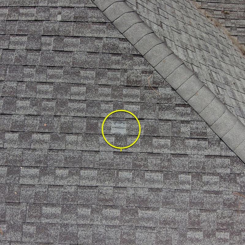 Asphalt roof shingles with wind damage circled in yellow