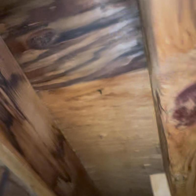 Roof decking with water damage and staining