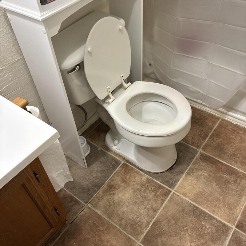 Toilet with open lid on tiled bathroom floor