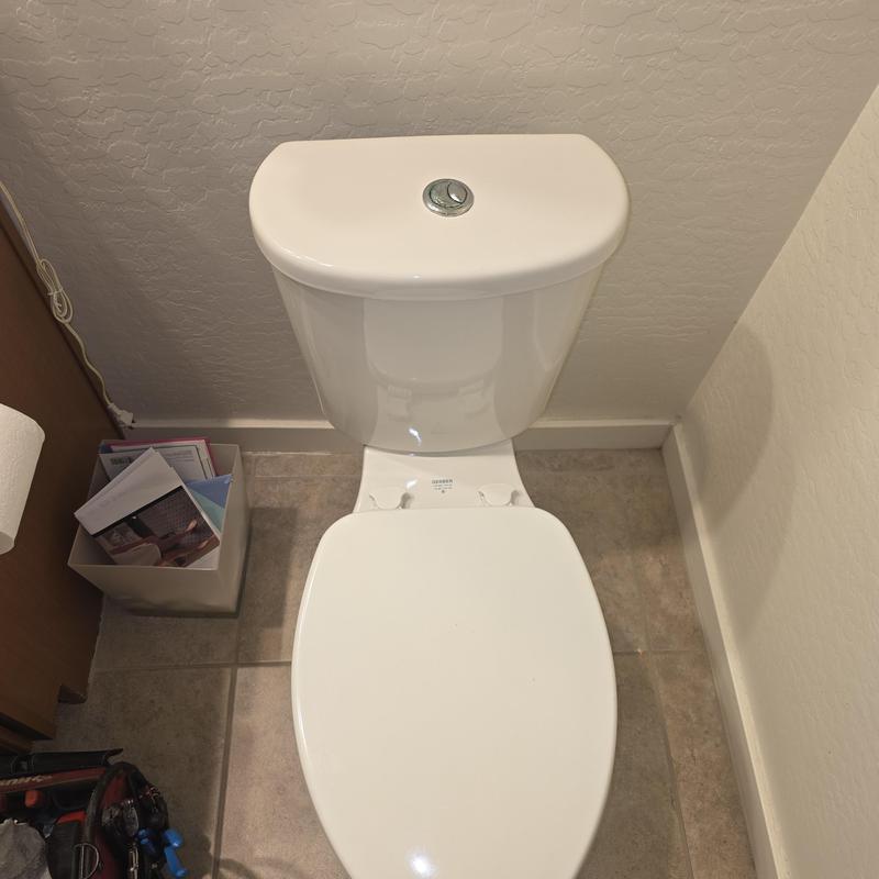 Dual push button toilet flush valve adjustment in bathroom