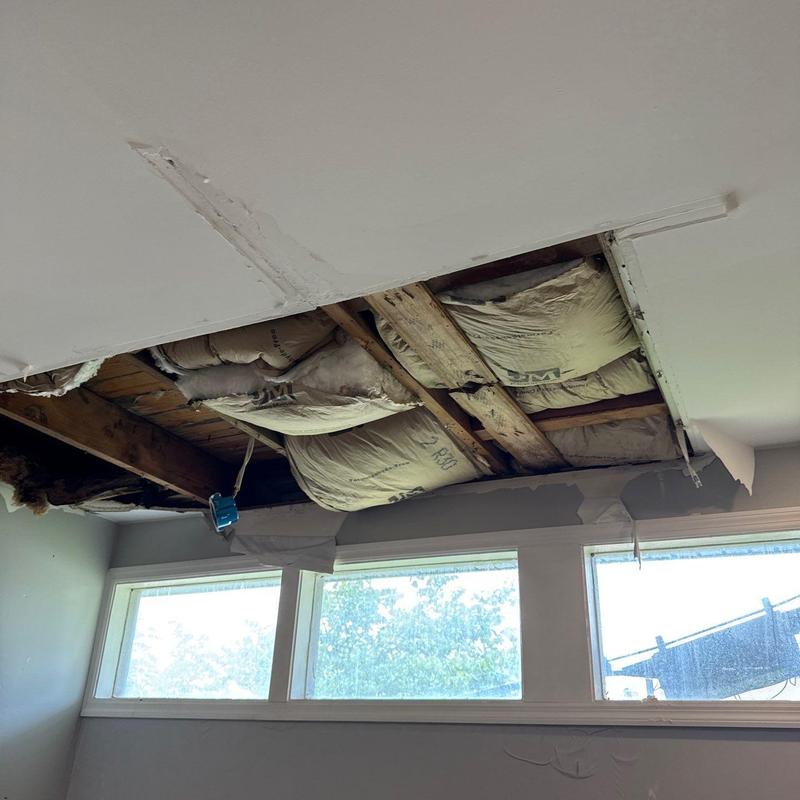 Ceiling drywall removal exposing insulation and joists
