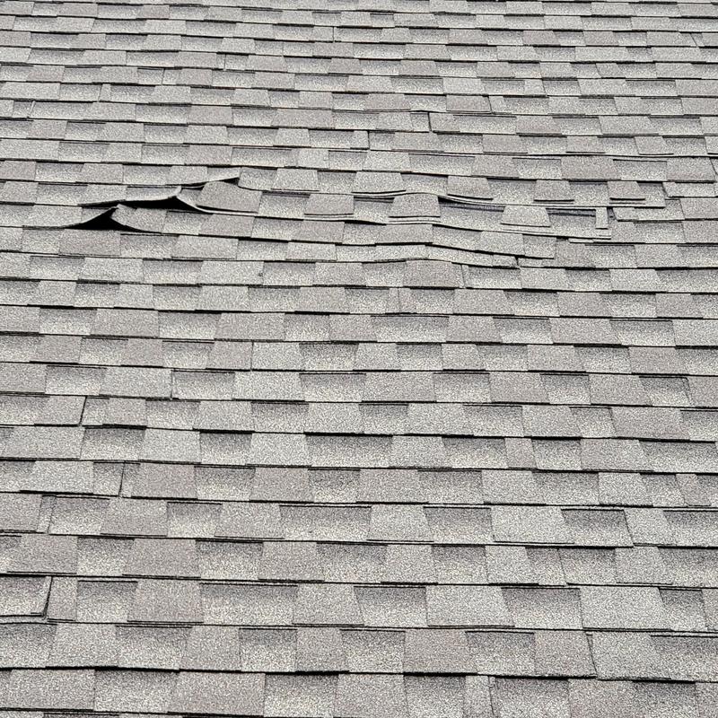 Asphalt roof shingles with hail damage and lifting