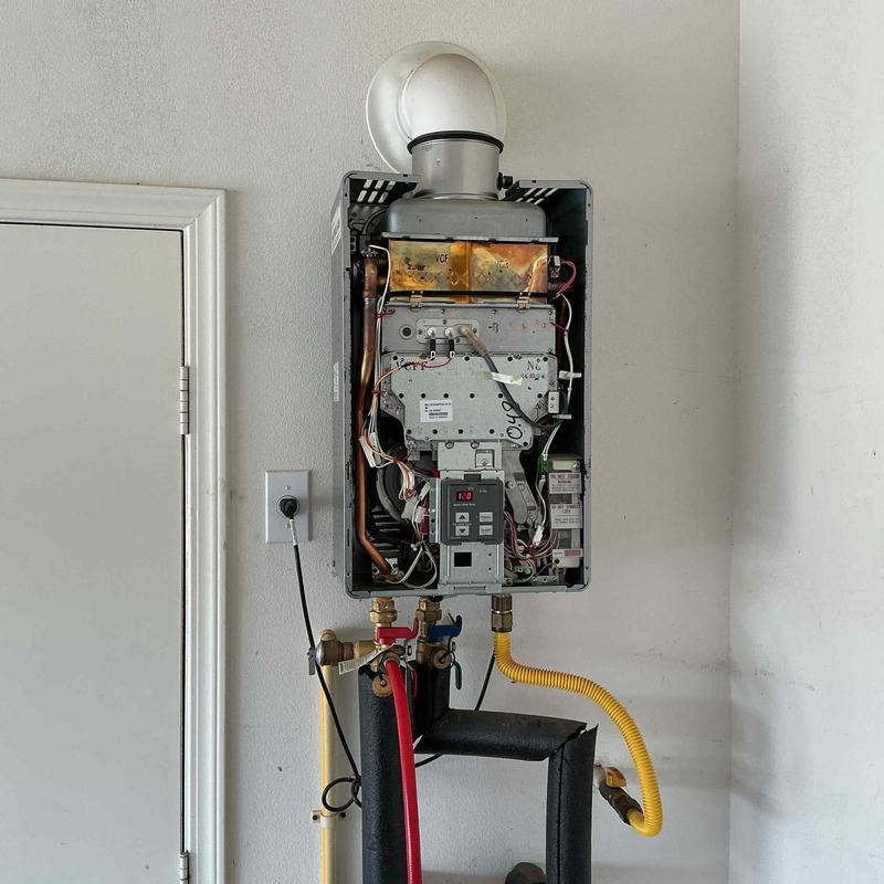 Tankless water heater descaling with open panel