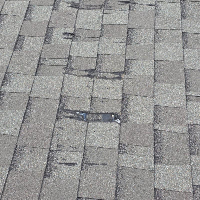 Asphalt roof shingles with visible hail damage and granule loss