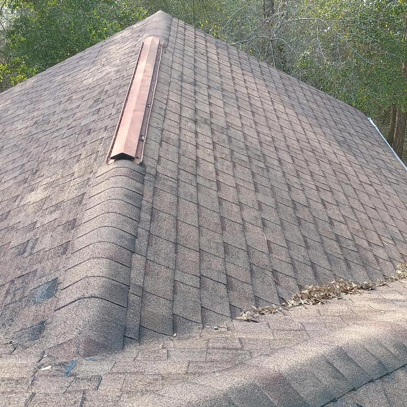 Asphalt shingle roof with ridge vent and debris buildup Asphalt shingle roof with ridge vent and debris buildup