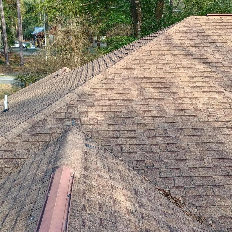 Asphalt shingle roof ridge with minor debris and wear Asphalt shingle roof ridge with minor debris and wear